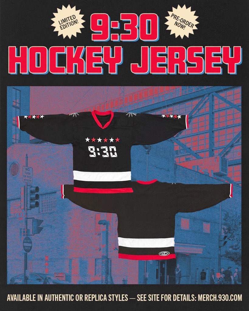 9:30 Club poster advertising a limited-edition black 9:30 hockey jersey with red and white stars, pre-order now.